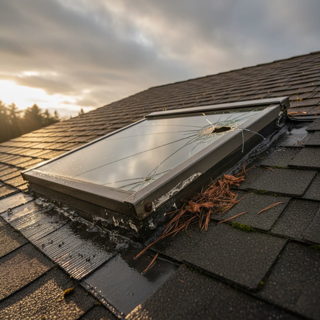 Debris and moss buildup around skylight flashing causing water pooling and potential leaks