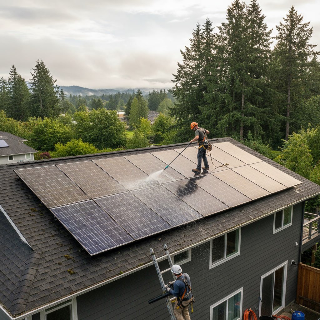 Professional technician cleaning solar panels on Everett residential roof
