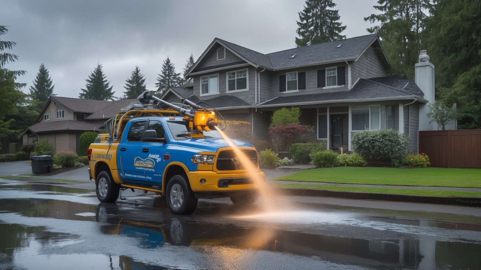 pressure washing concrete driveway removing years of grime and stains