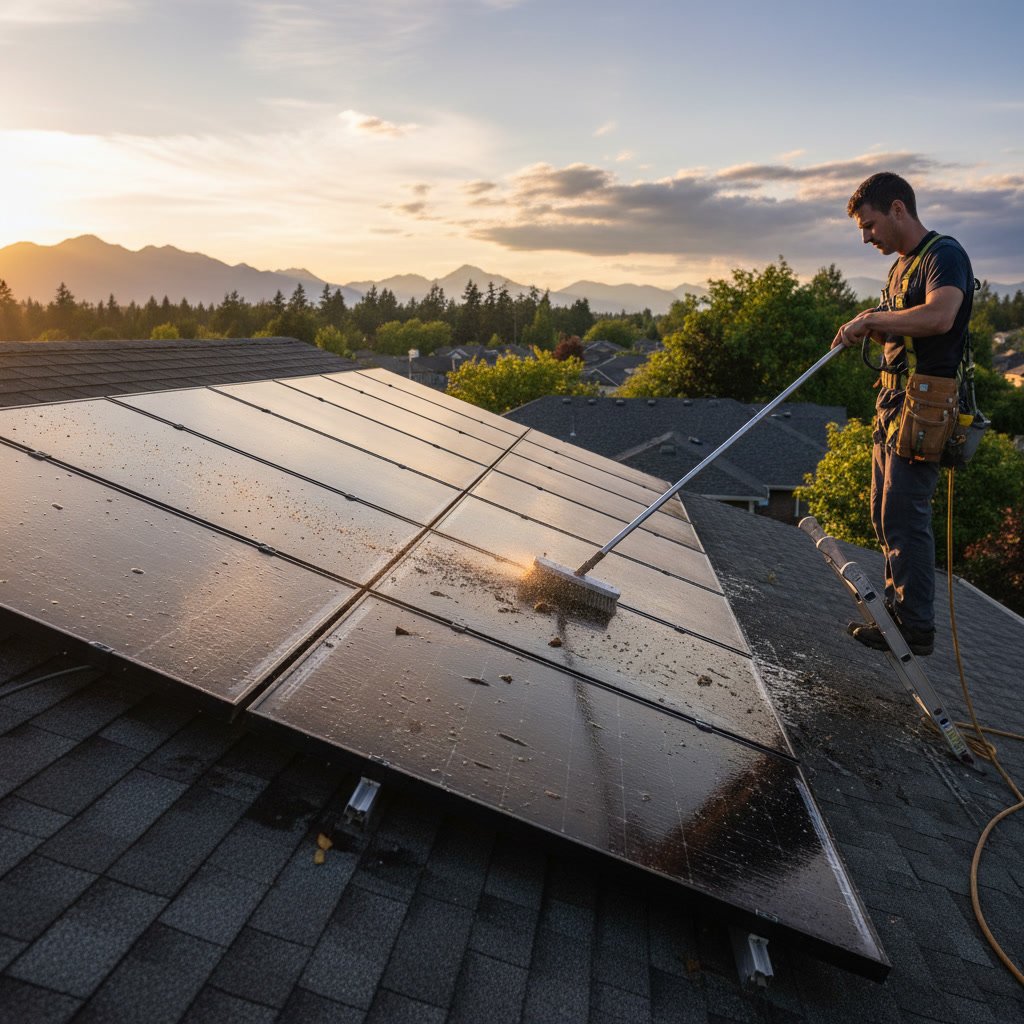 Before and after comparison of solar panel cleaning showing improved clarity