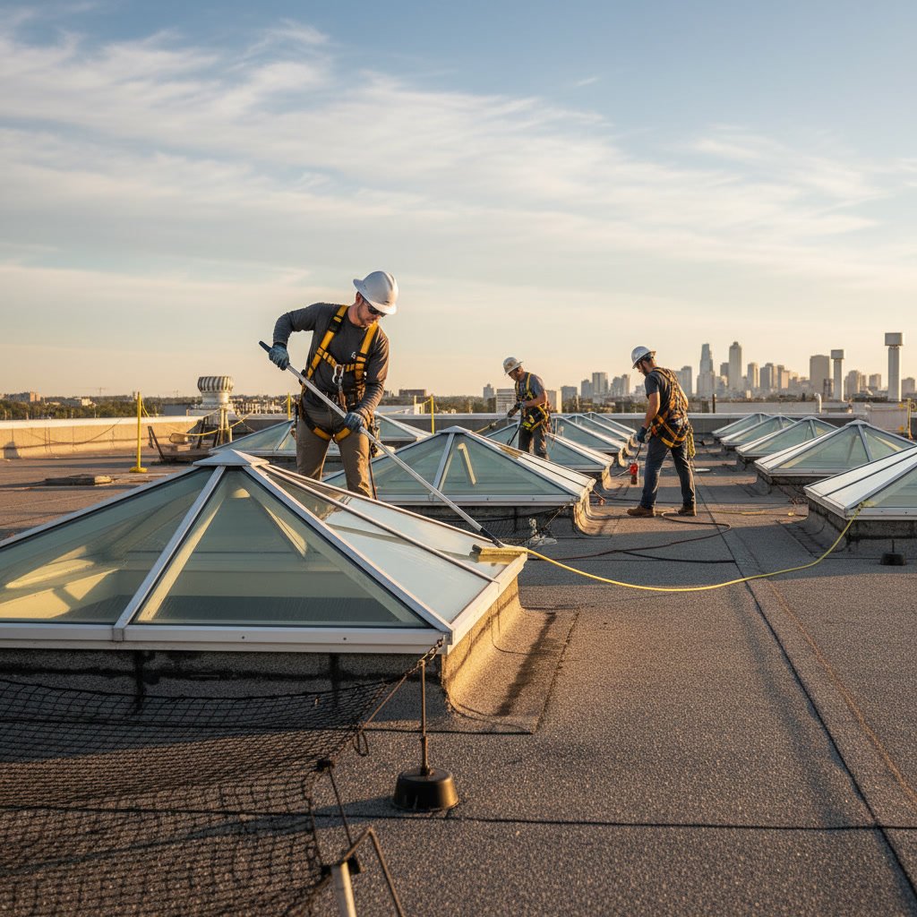 Professional technician safely cleaning skylight exterior and clearing debris from flashing