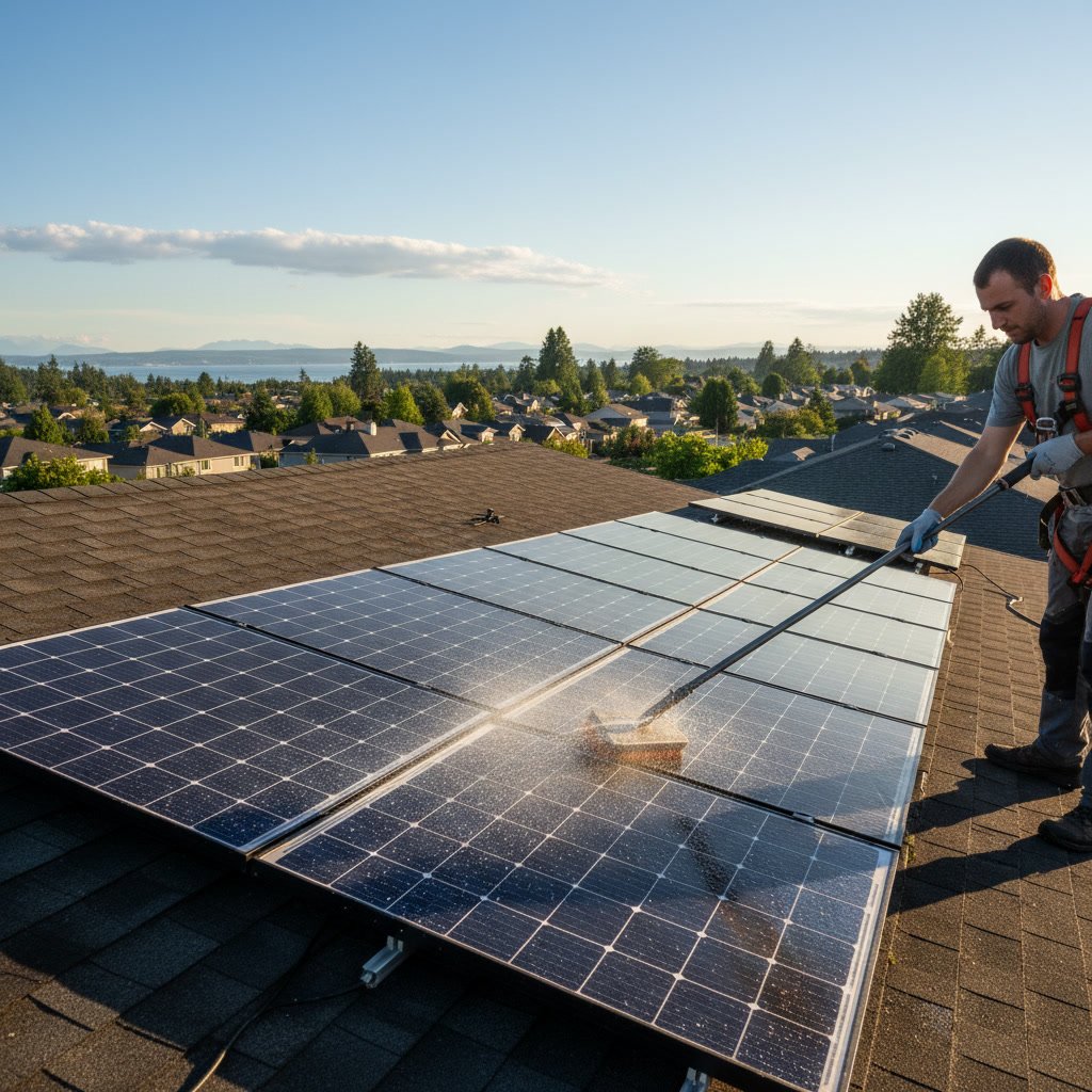 Clean solar panels on Everett home roof with clear blue sky