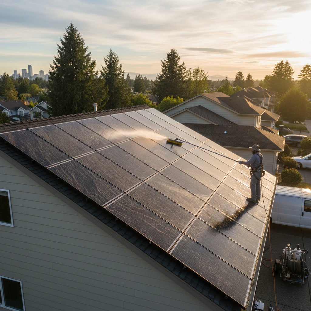 Clean residential solar panel array on Everett Washington home rooftop